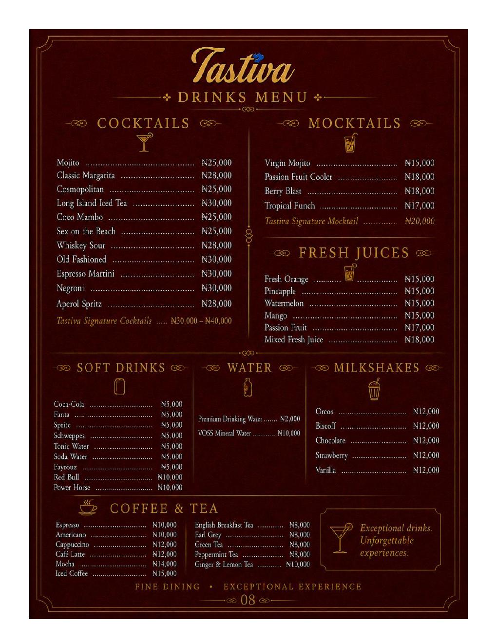 Tastiva beverages menu page 9