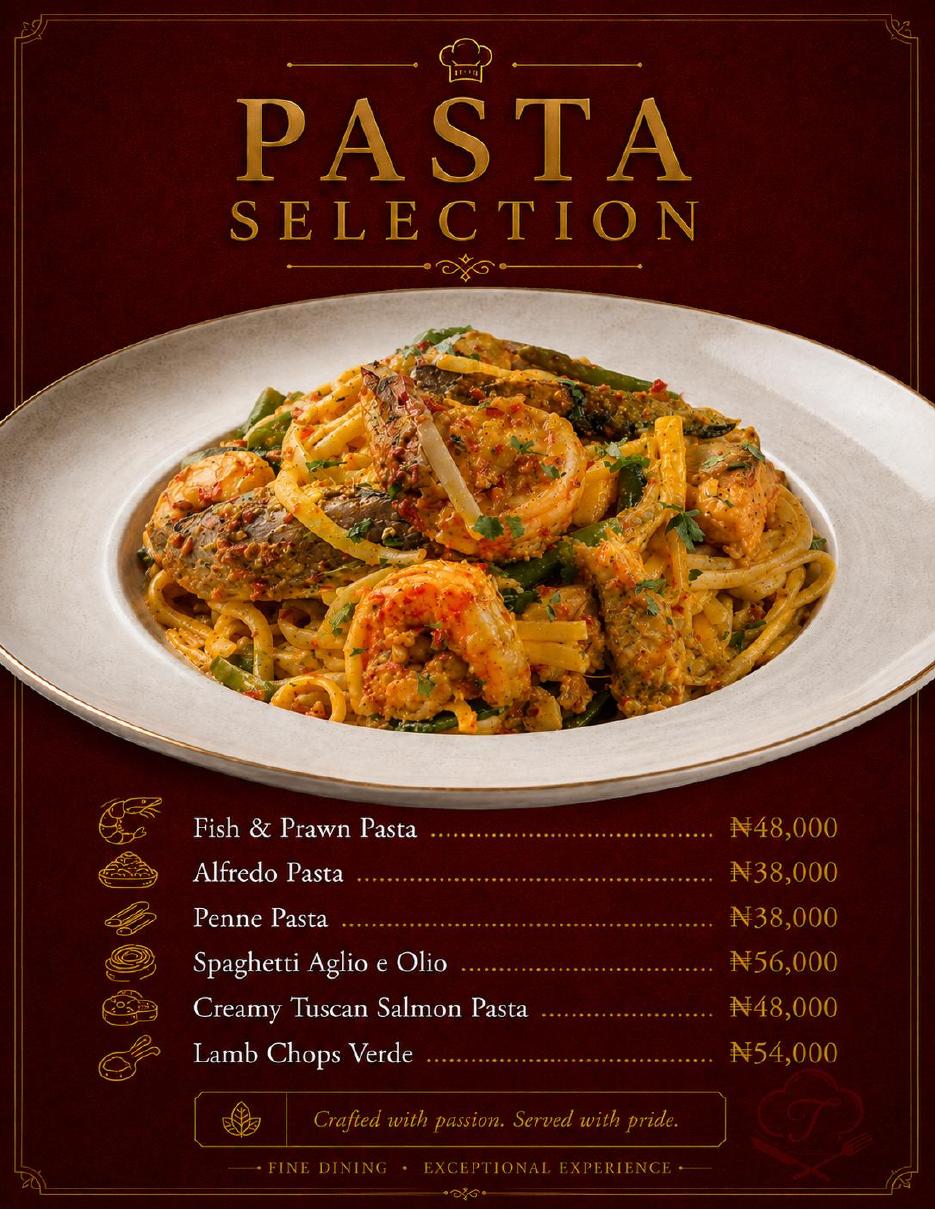 Tastiva pasta and seafood menu page