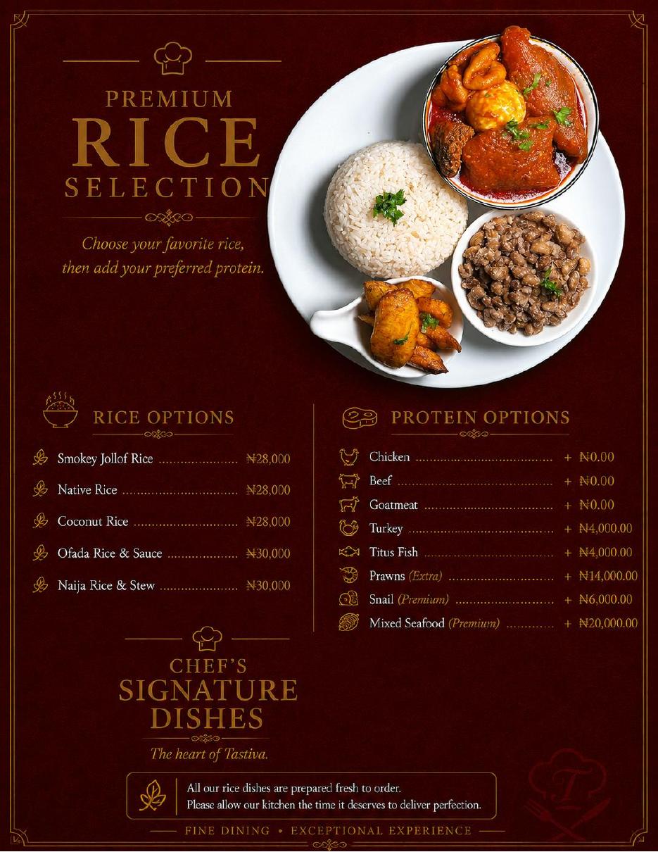 Tastiva rice and signature dish menu page